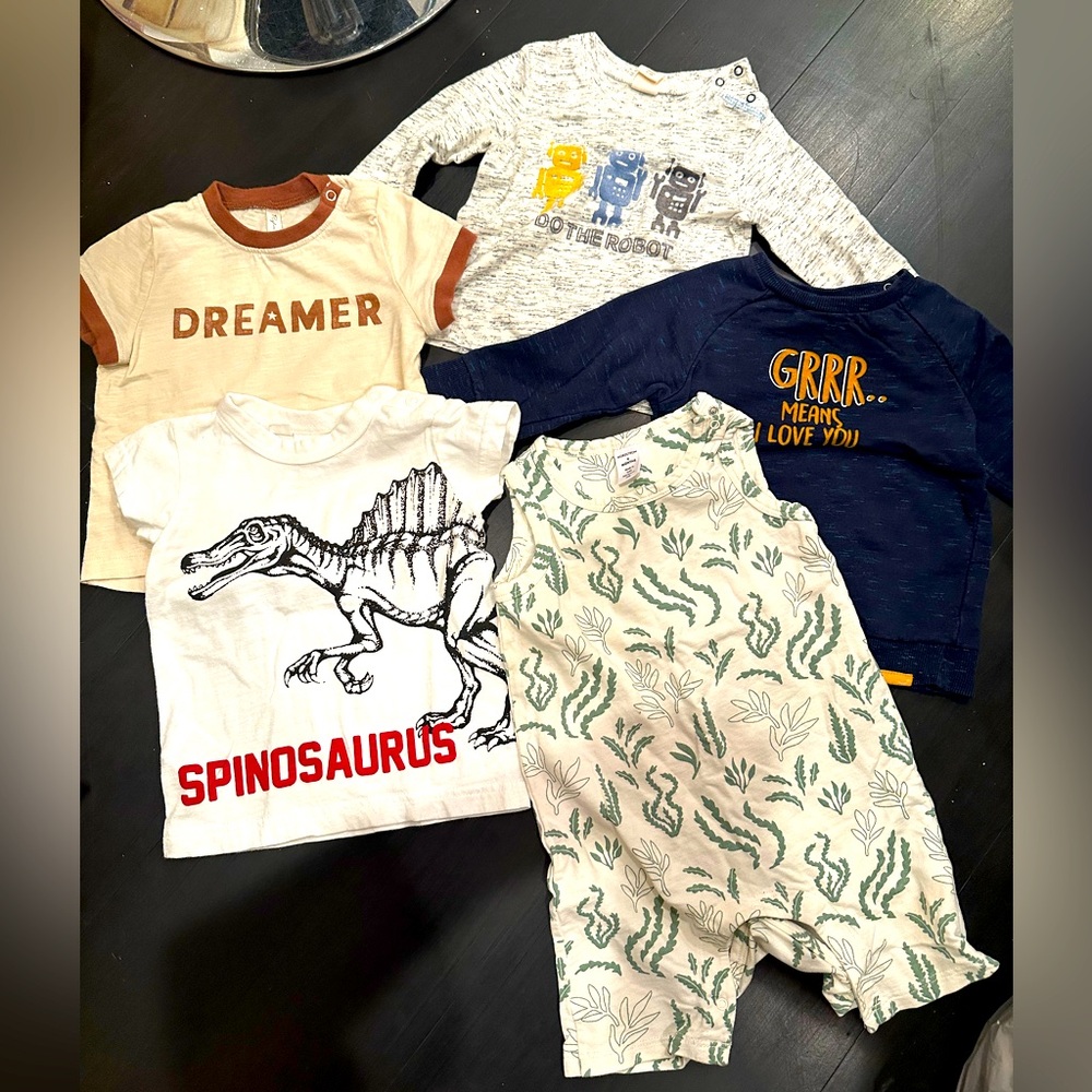 High end bundle. 2 long sleeve shirts, 2 short sleeve, romper. Sizes 6-12 months